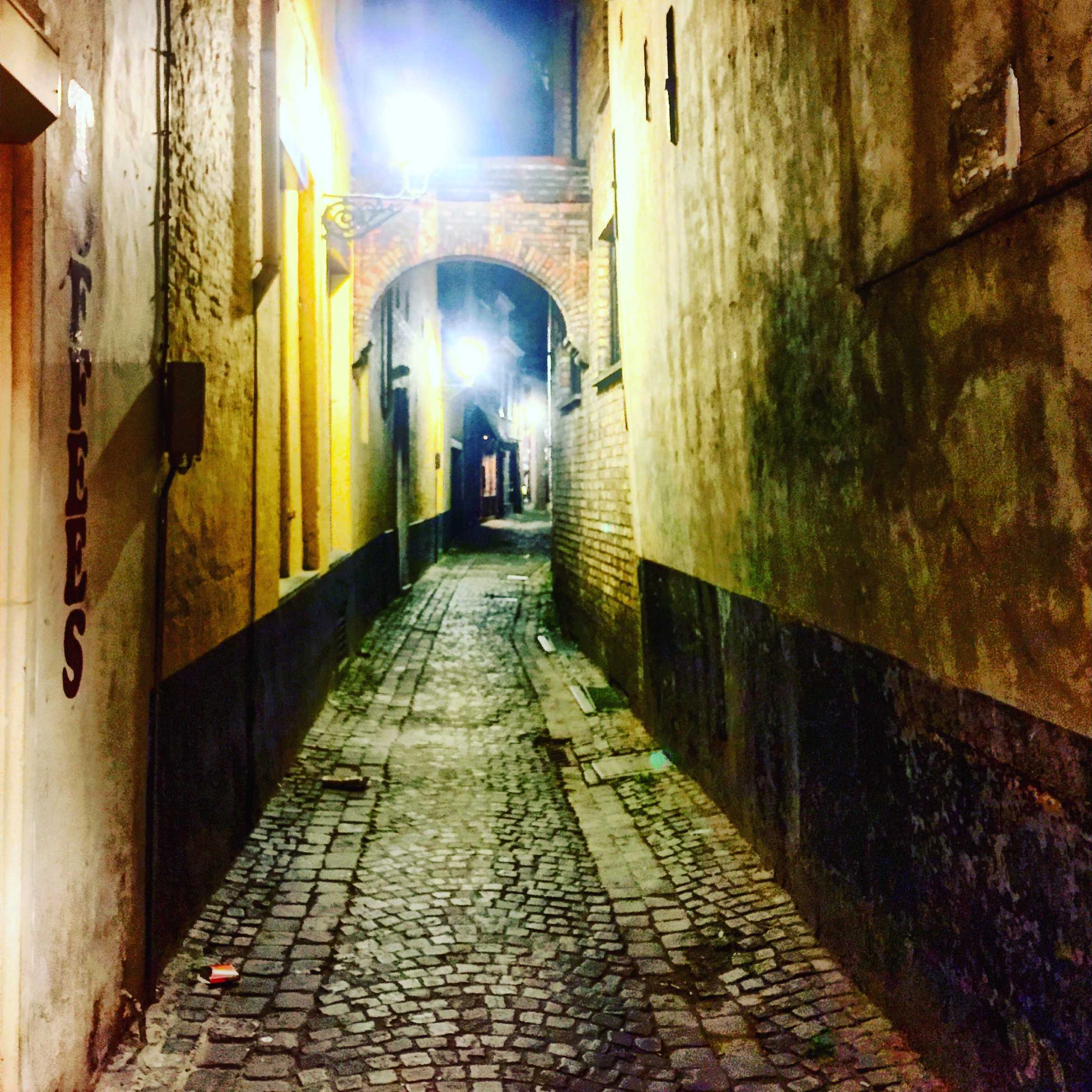 A cobblestone alley at night.