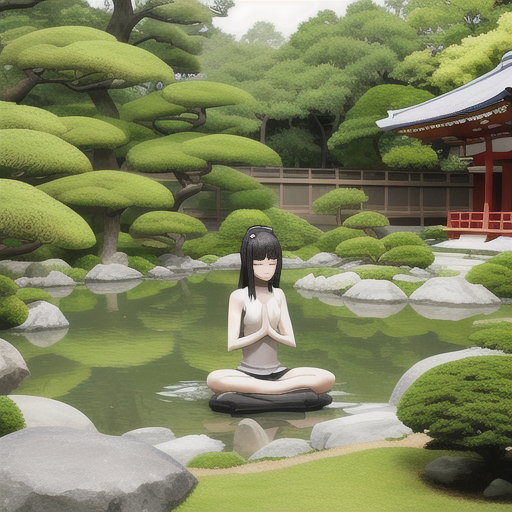 A Japanese girl embracing the tranquility of a pond.