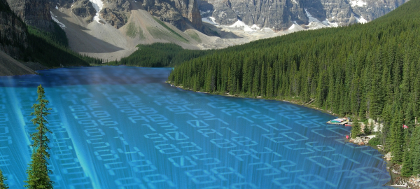 An image depicting a lake with numbers representing the modern data storage dilemma, highlighting key differences between data warehouse and data reservoir.