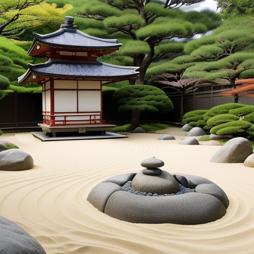 A Japanese garden with a pagoda.