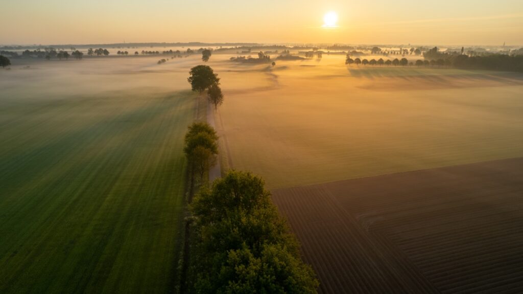 Aerial view of a misty field at sunrise: Exploring the Concept of Mindfulness in Photography.