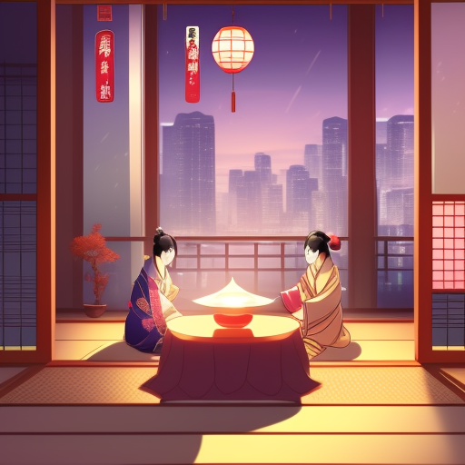 Two japanese people sitting at a table in front of a city, exploring Japanese productivity techniques.
