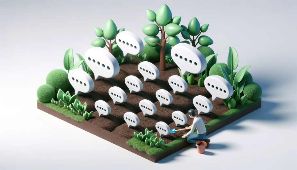 A 3d illustration of a man in a garden surrounded by trees and speech bubbles, showcasing the power of Advanced Prompting for ChatGPT.