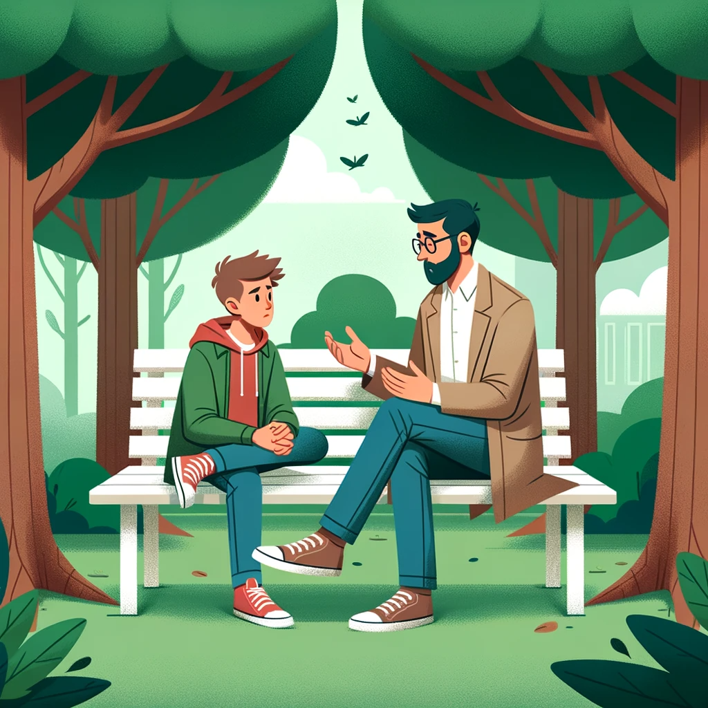 A man and a boy, enjoying a peaceful moment on a bench in a park.
