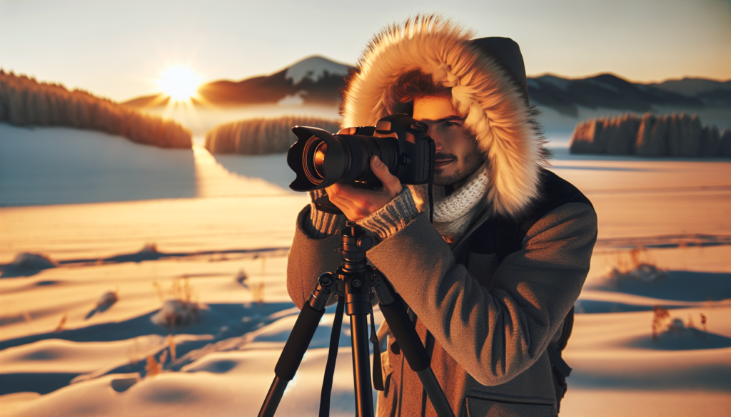 A man with a camera capturing a picturesque moment in the snow.
