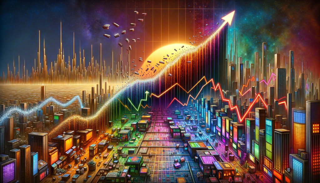An NFT image showcasing a cityscape with a captivating narrative, featuring an upward-pointing arrow amidst a digital goldmine.