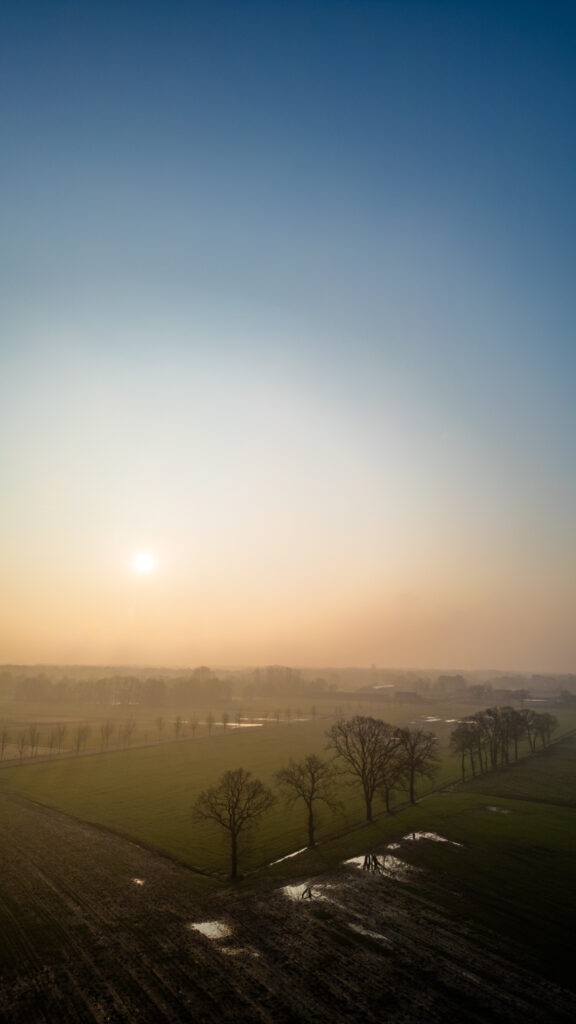 Sunrise over misty countryside with trees and wet fields.