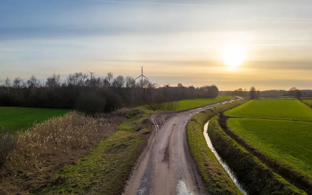 A meandering country road at sunset with a wind turbine in the background, captured through the unfiltered lens of a DJI Mini 3 Pro.